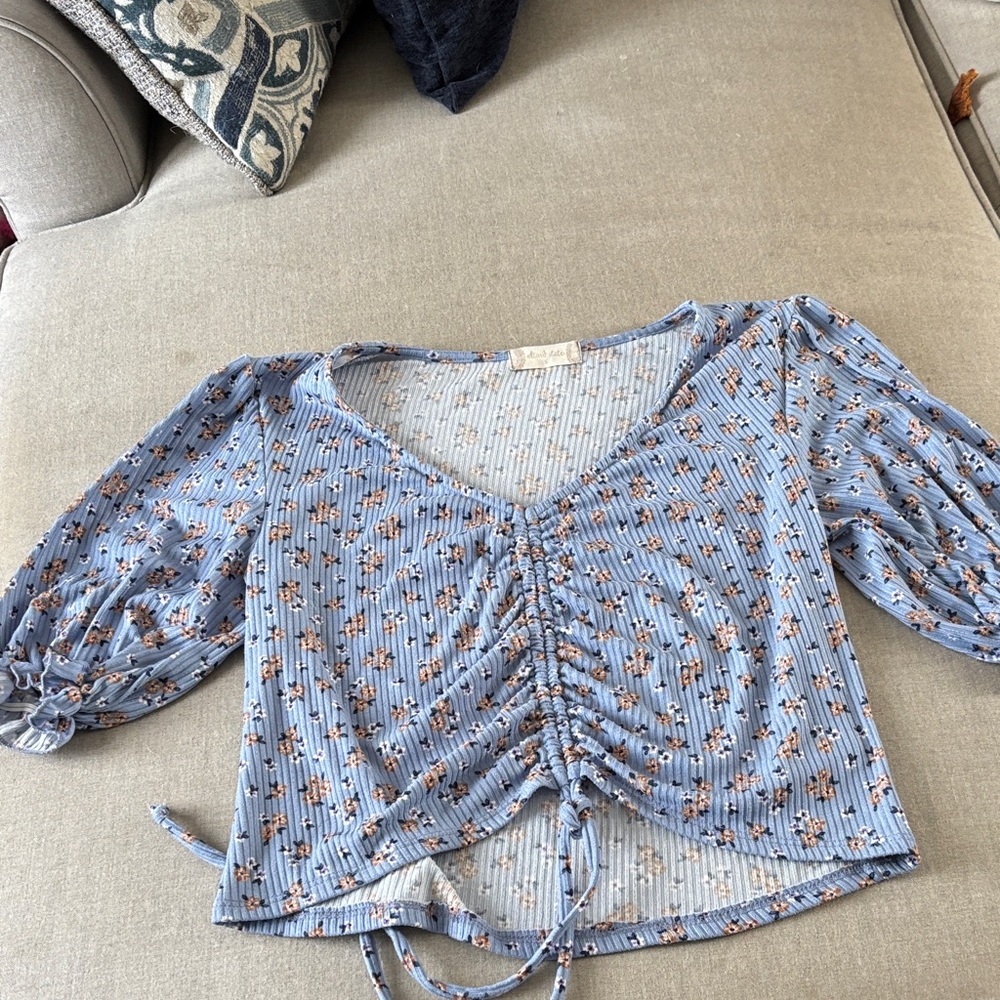 Altar'd State Blue Floral Ruched Blouse